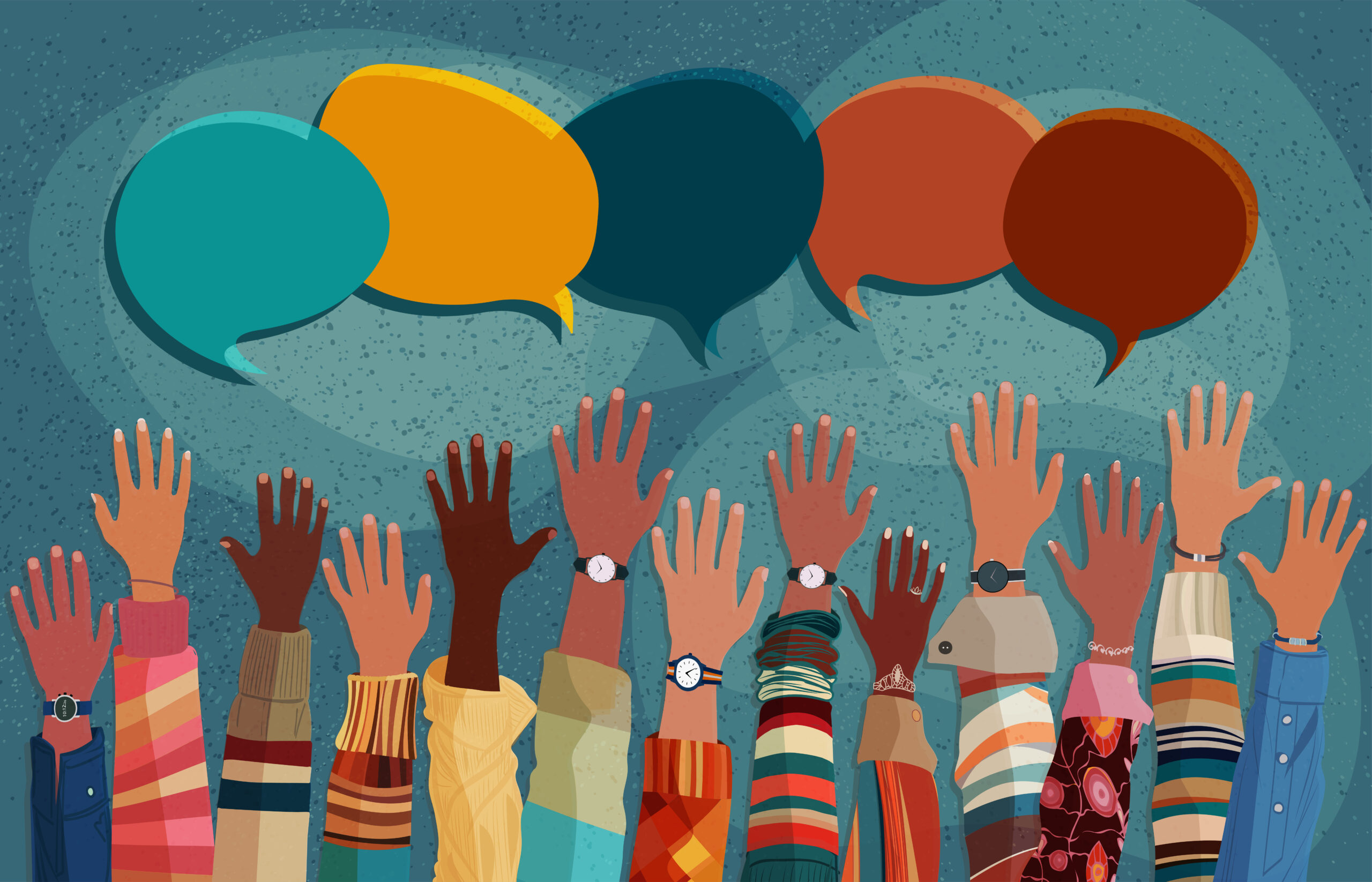 Anonymous raised of multicultural group people. Racial equality.