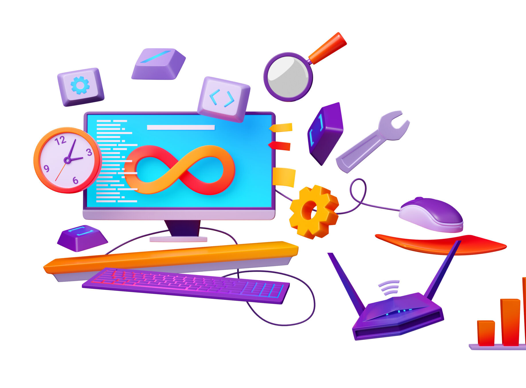 Software development operations system concept. Computer monitor with infinity sign, symbol of DevOps, project development lifecycle, router, keyboard buttons and magnifier, 3d render illustration