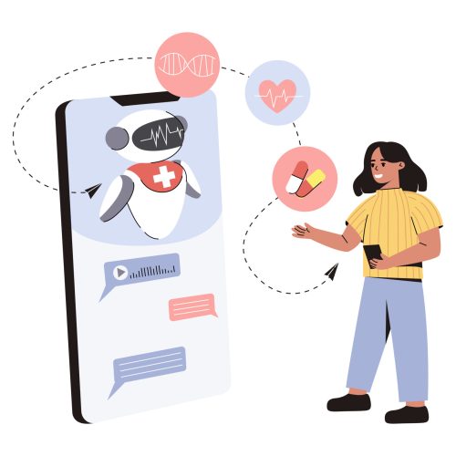 Healthcare AI consulting service. Flat patient receive consultation and treatment in online chat with chatbot. Bot give medical advice or diagnosis. Clinic AI assistant. Future technology in medicine.