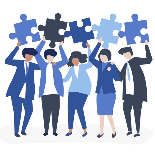 Character of business people holding puzzle pieces illustration