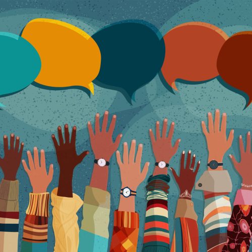 Anonymous raised of multicultural group people. Racial equality.