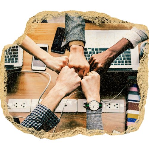 Joined fists png sticker, ripped paper, transparent background