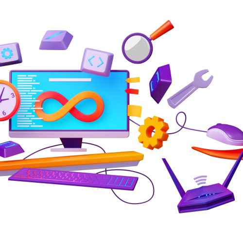 Software development operations system concept. Computer monitor with infinity sign, symbol of DevOps, project development lifecycle, router, keyboard buttons and magnifier, 3d render illustration