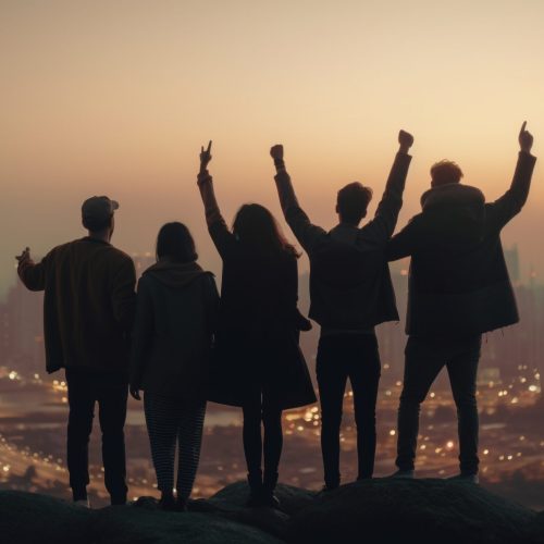 Young adults standing in city, arms raised celebrating generated by artificial intelligence